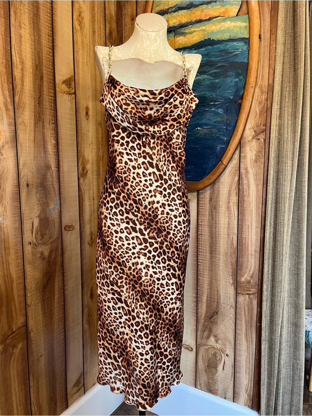 💋 bebe Leopard-Print Midi Slip Dress with Chain Straps